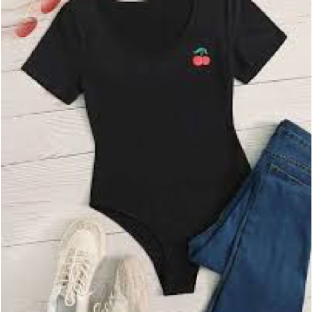Zaful Black and Red Cherry Embroidered Bodysuit
